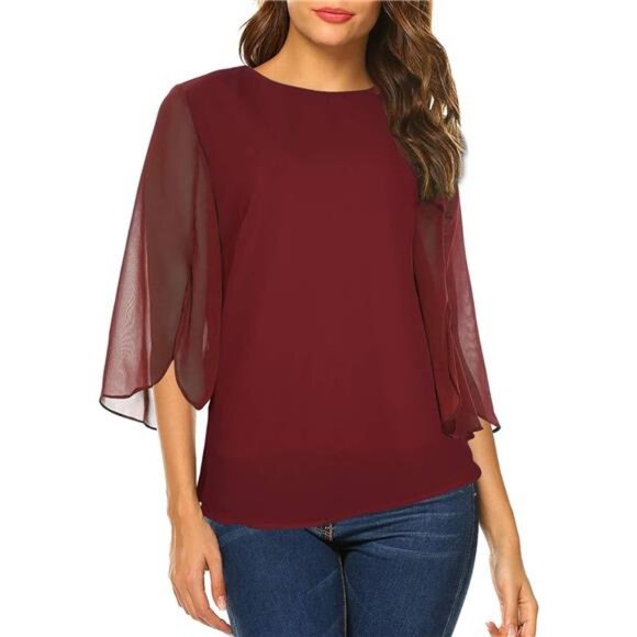 Womens Half Sleeve Layered Flowy Chiffon Blouses Round Neck Shirts Tops - Picture 1 of 5
